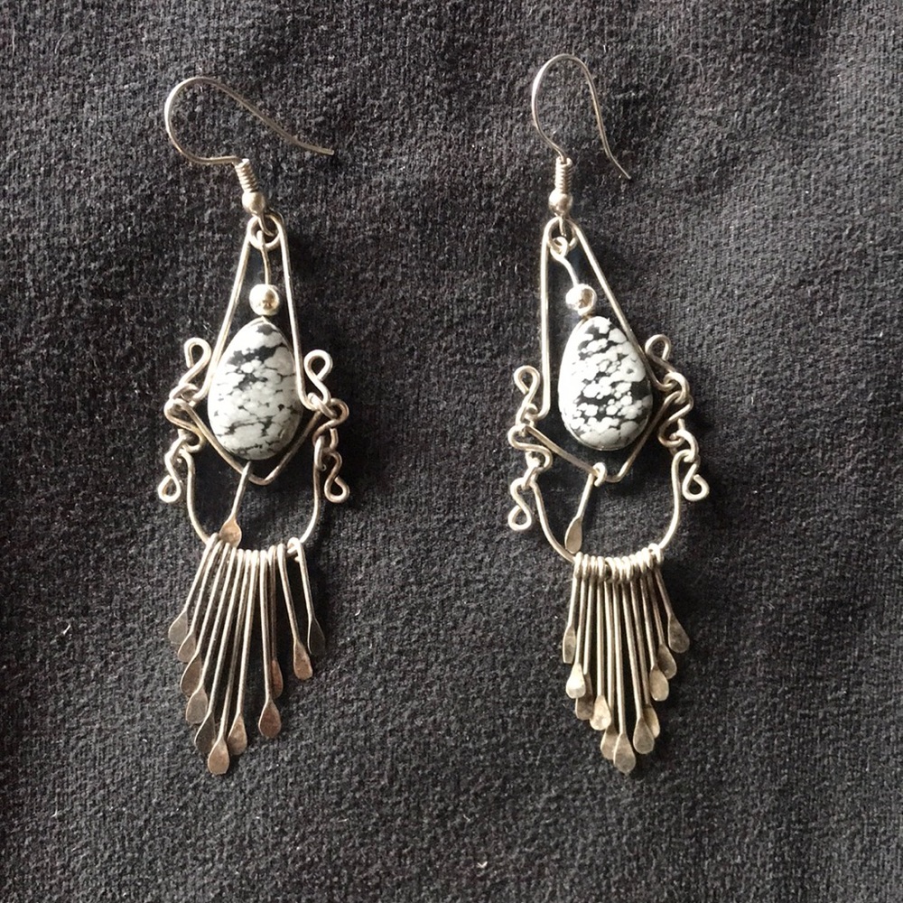 Bohemian Silver & Gray Jasper Teardrop Earrings with Fringe